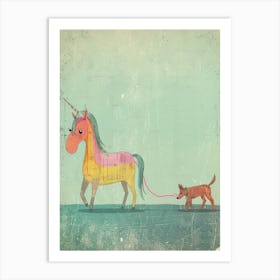 Pastel Storybook Style Unicorn Walking A Dog 3 Art Print