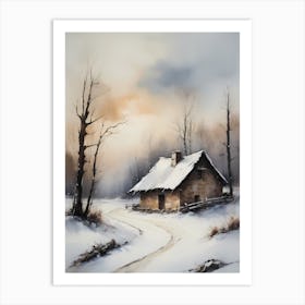 Rustic Winter Oil Painting Vintage Cottage (7) Art Print
