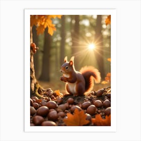 Red Squirrel In An Autumn Forest With Acorns Art Print