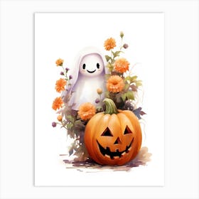 Cute Ghost With Pumpkins Halloween Watercolour 17 Art Print