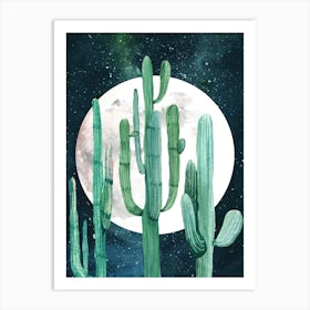 Cactus And Moonrise Boho Watercolor Art Print
