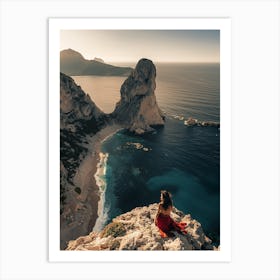 Woman In Red Sitting On Cliff Art Print