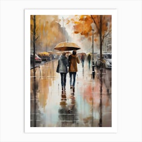 Amsterdam cafes, autumn season, rain, autumn oil colours.Faded colours,People passing on the street, winter clothes, rain umbrellas.12 1 Art Print