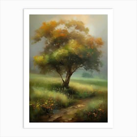 Oak tree, fine work of art, misty atmosphere, green meadow..19 Art Print