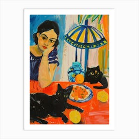 Portrait Of A Girl With Cats Eating A Fruit Salad 2 Art Print