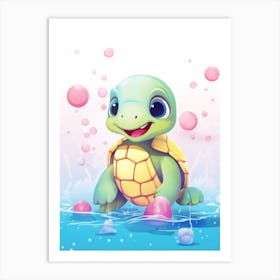 Cute Sea Turtle Animation Pink & Green Art Print