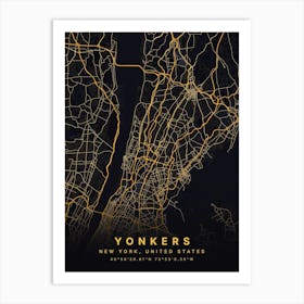 Yonkers New York Usa Black And Gold Map Art Print