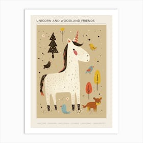 Unicorn In The Meadow With Abstract Woodland Animal Friends Muted Pastel 2 Poster Art Print