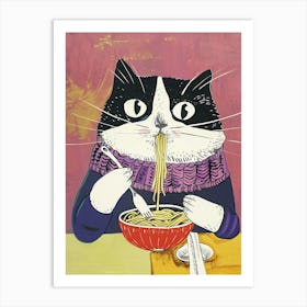 Black And White Cat Eating Pizza Folk Illustration 2 Art Print