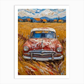 Painting Of An Old Car In The Middle Of A Field Art Print