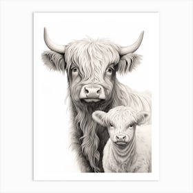 Black & White Illustration Of Highland Cow & Calf Art Print