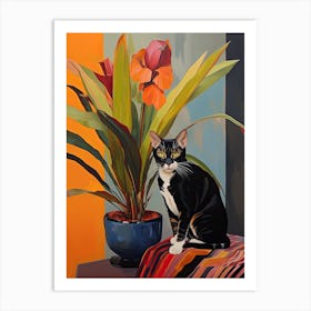 Cymbidium Orchid Flower Vase And A Cat, A Painting In The Style Of Matisse 2 Art Print