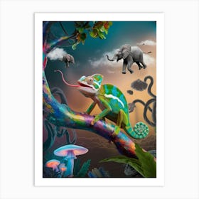 A Surreal Scene Of A Chameleon Perched 1 Art Print