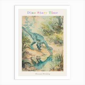 Dinosaur Drinking From A Watering Hole Illustration Poster Art Print