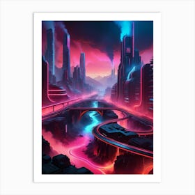 Cyberpunk industrial city with lava and river 7 Art Print