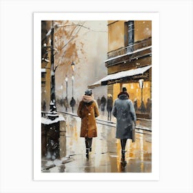 Paris cafes, winter season, Christmas, autumn oil colors, pale colors, pedestrians in the street, winter clothes, falling snow.3 Art Print