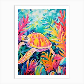 Colourful Sea Turtle With Tropical Plants Art Print
