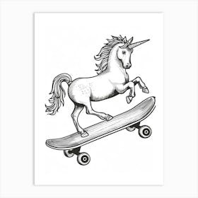 Unicorn On A Skateboard Black And White Doodle 1 Art Print