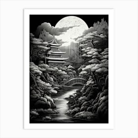 Hachijo Jima In Tokyo, Ukiyo E Black And White Line Art Drawing 3 Art Print