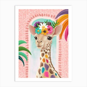 Giraffe With Flowers Floral Tropical Illustration Art Print