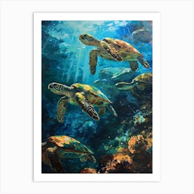 Sea Turtles Illuminated By The Light Underwater 7 Art Print