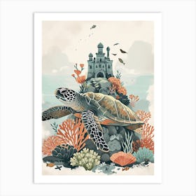 Sea Turtle With A Coral Castle Illustration 1 Art Print