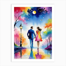 Couple Walking At Night Art Print