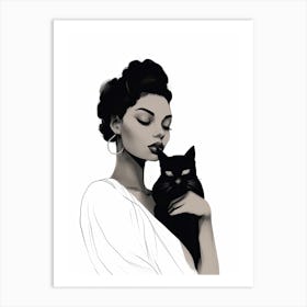 Black Woman With Cat,lineart Art Print