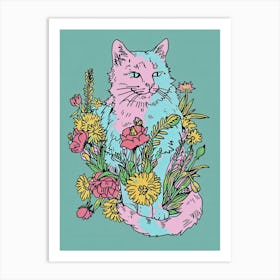 Cute Norwegian Cat With Flowers Illustration 4 Art Print