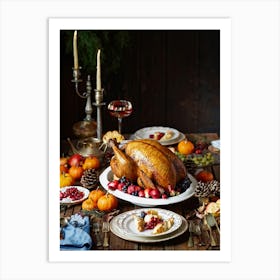 A Vintage Style Scene Featuring A Roasted Turkey Resting On An Intricately Detailed Platter Surroun Art Print