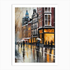 Amsterdam cafes, winter season, winter oil colors, pedestrians in the street, winter clothes, rain falling, Amsterdam print, Netherlands print, travel gift, Netherlands poster.41 Póster