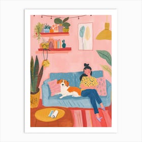 Girl In The Sofa With Pets Tv Lo Fi Kawaii Illustration 6 Art Print