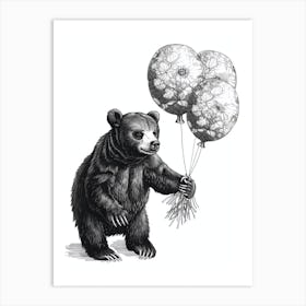 Malayan Sun Bear Holding Balloons Ink Illustration 1 Art Print