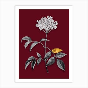Vintage Elderflower Tree Black and White Gold Leaf Floral Art on Burgundy Red n.0018 Art Print