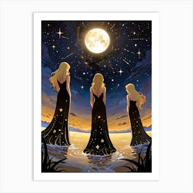 Three Women Under The Moon Art Print