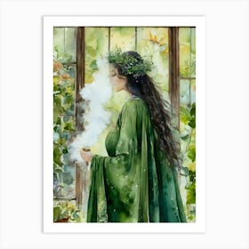 Communing With Plant Spirits ~ Shamanic Green Hedge Witch Nature Ally Smoking Witchy Ayahuasca DMT Datura Lotus Belladonna Trippy Watercolor Pagan Fairytale Gothic Artwork Painting Witchery HD Art Print