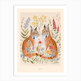 Folksy Floral Animal Drawing Bobcat Poster Art Print