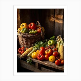 Assorted Vegetables And Fruits From A Fresh Farm Harvest Arranged In A Rustic Wicker Basket Overfl (2) Art Print