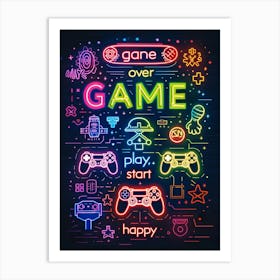 Design A Neon Wallpaper With Video Game Icons Such As Controllers And Gaming Symbols And The Word Game Over In Bold Letters At The Top Center Affiche