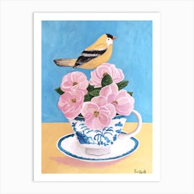 Bird With Pink Flowers And Teacup  Art Print