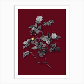 Vintage Sweetbriar Rose Black and White Gold Leaf Floral Art on Burgundy Red Art Print