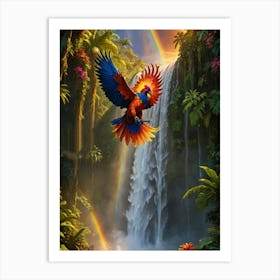 Parrot Flying Over Waterfall Art Print