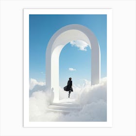 Cumulus Clouds Morph Into An Abstract Cartoon Style Portal Where A Solitary Figure Levitates Their (3) Art Print