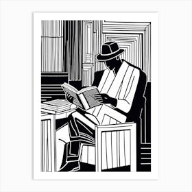 Lion cut inspired Black and white Stylized portrait of a Person reading a book, reading art, book worm, Reader 184 Art Print