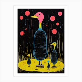 Linocut Inspired Ducks With The Cattails 2 Art Print