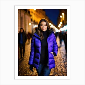 Woman in down jacket, walking in luminous city at night 3 Art Print