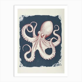 Red & Blue Octopus Retro Linocut Inspired 8 Art Print