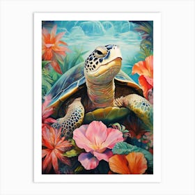 Leatherback Turtle And Tropical Flowers Art Print
