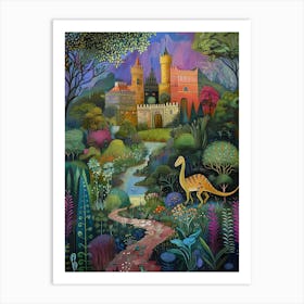 Dinosaur In The Castle Garden Painting 3 Art Print