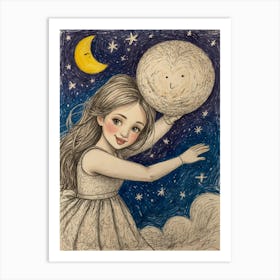 Little Girl Holding A Moon Art Print